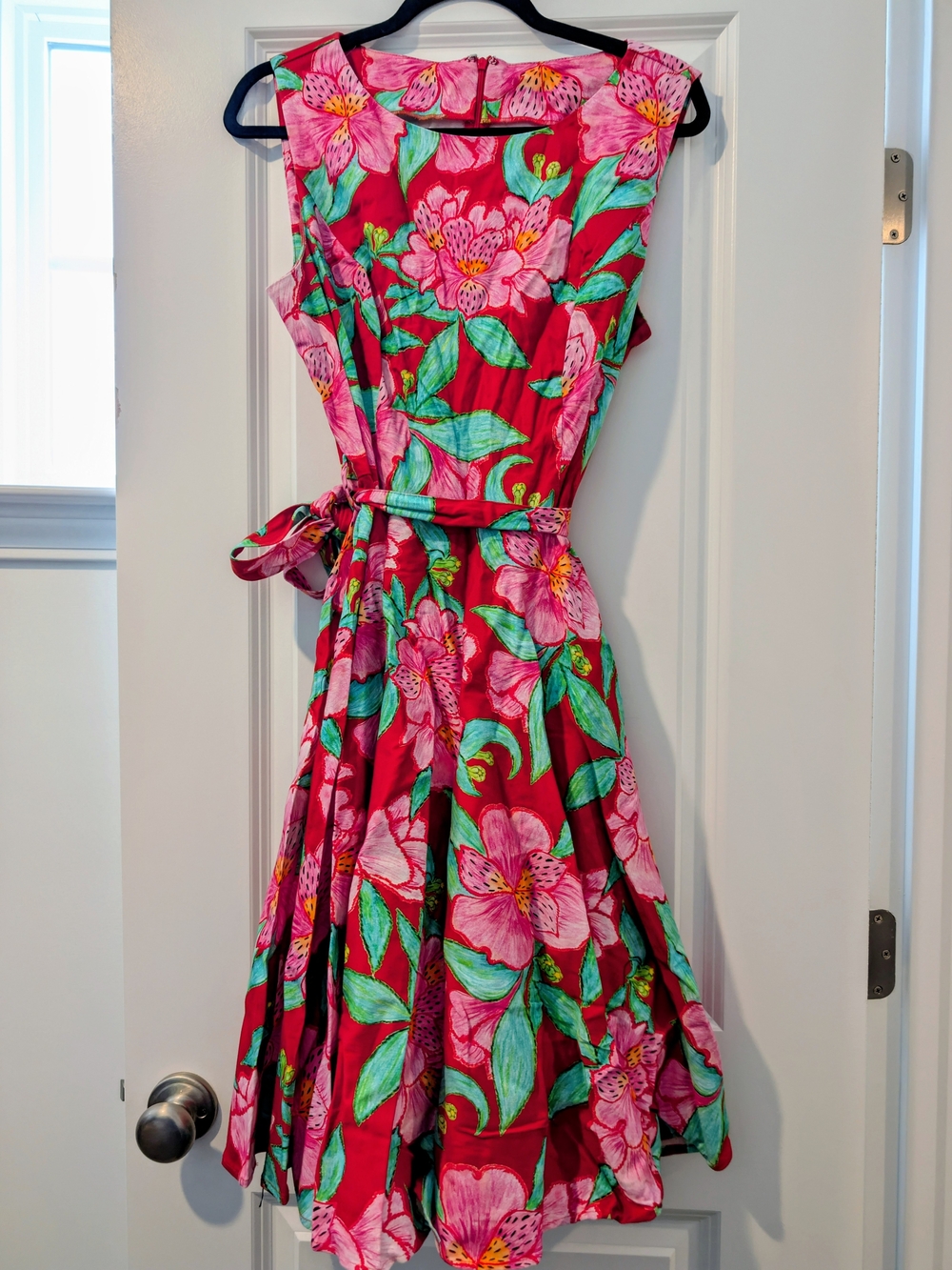 Floral Pink, Red and Green Sleeveless Fit-and-Flare Dress